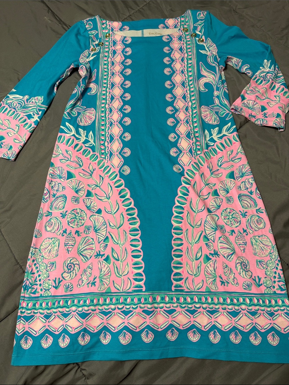 Lilly Pulitzer Teal and Pink Long-Sleeve Printed Shift Dress